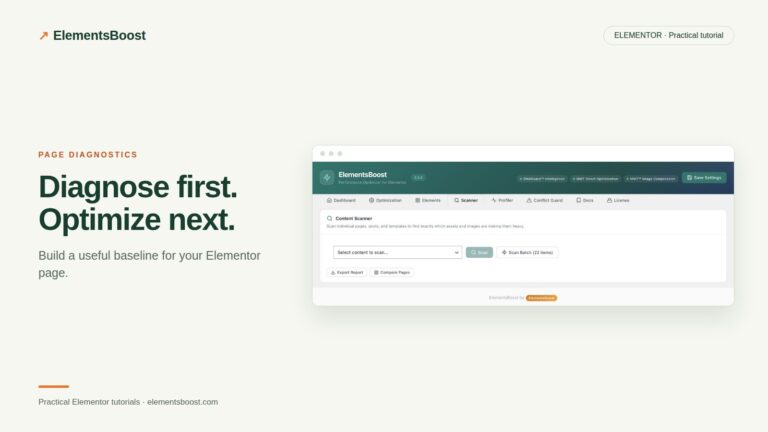 ElementsBoost Content Scanner for selecting and auditing an Elementor page.