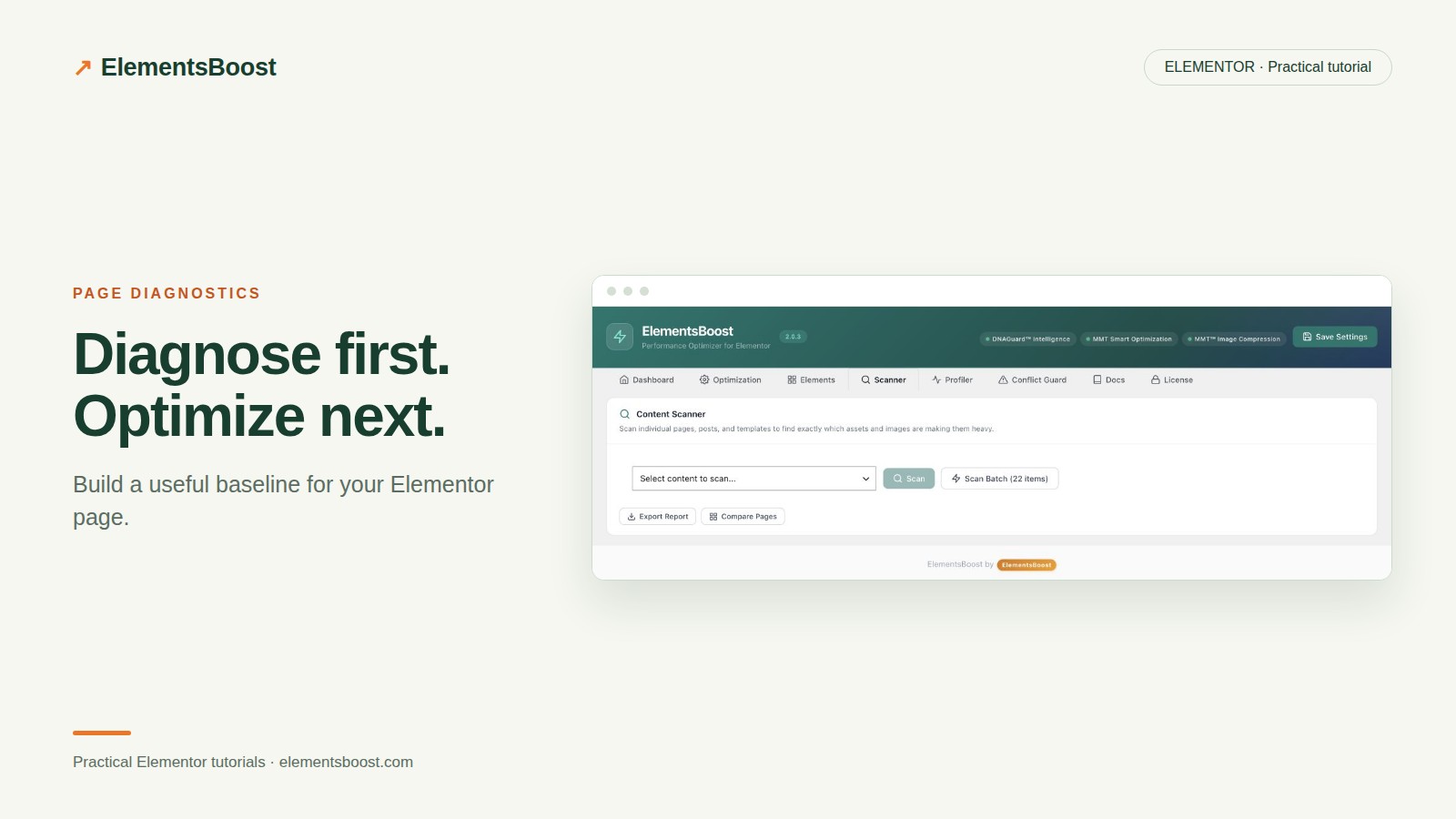 ElementsBoost Content Scanner for selecting and auditing an Elementor page.