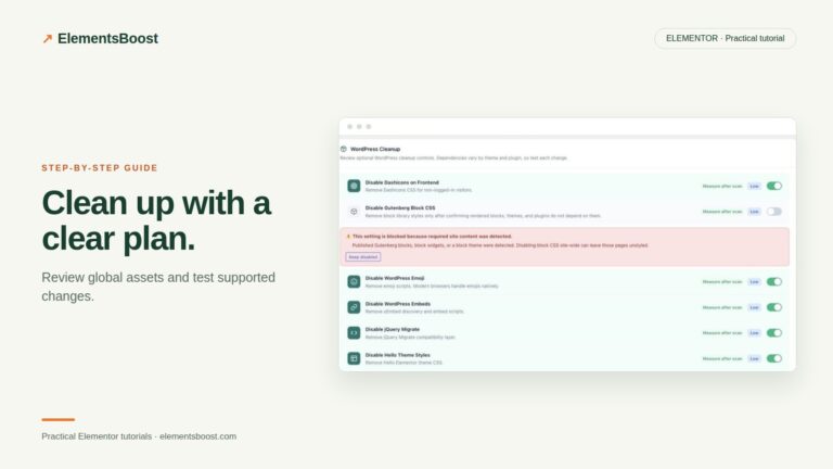 ElementsBoost WordPress Cleanup controls with a warning protecting required block CSS.