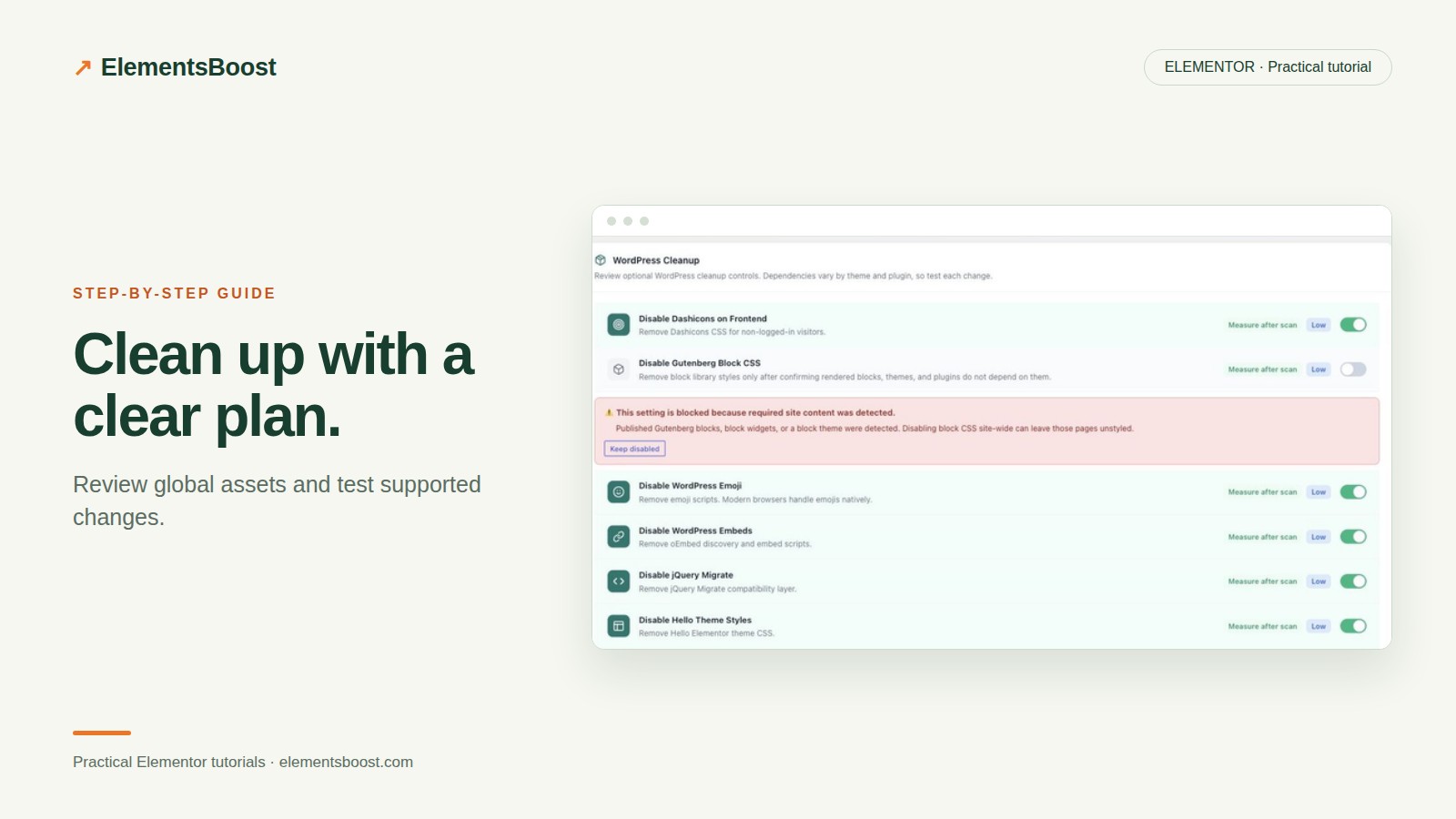 ElementsBoost WordPress Cleanup controls with a warning protecting required block CSS.