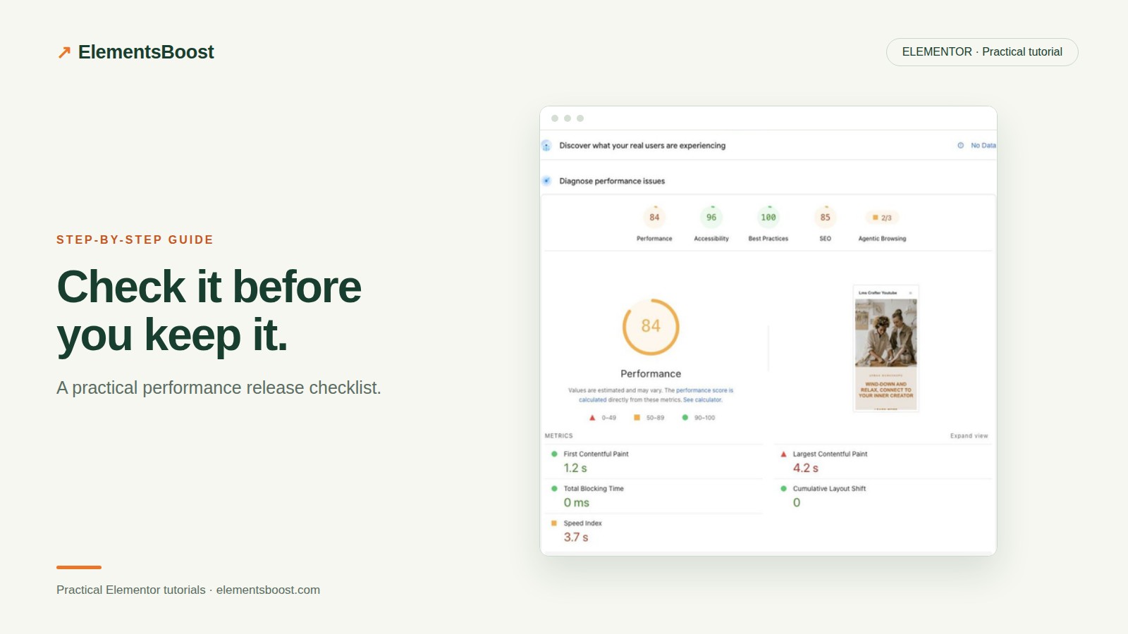PageSpeed Insights example showing performance and Core Web Vitals metrics.