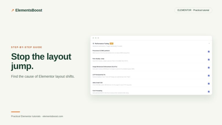 ElementsBoost font-display and image-dimension controls for layout stability.
