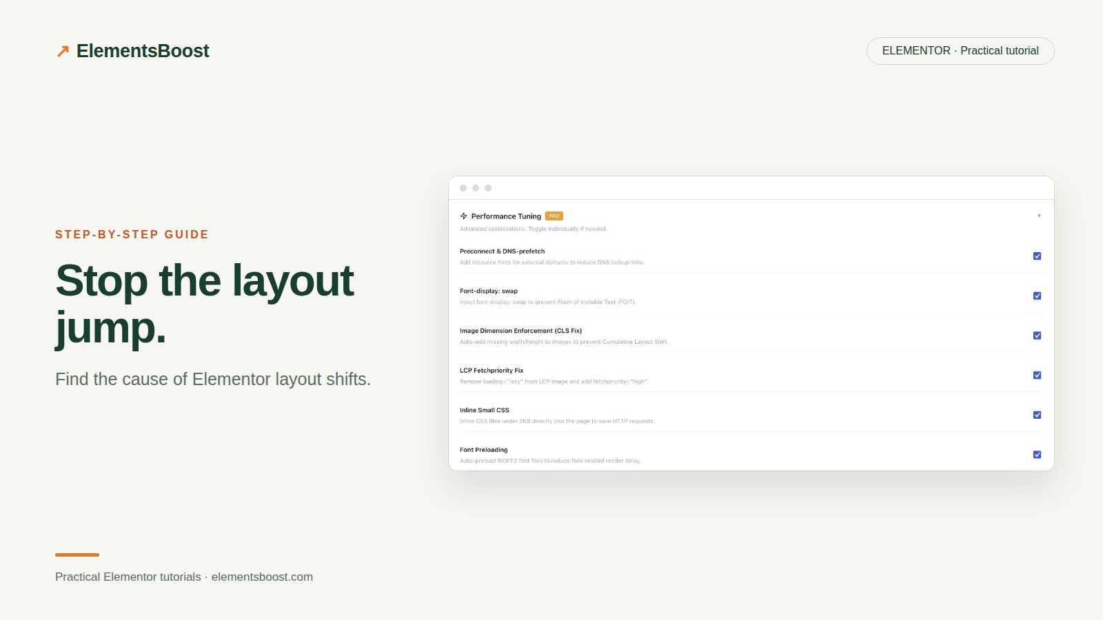 ElementsBoost font-display and image-dimension controls for layout stability.