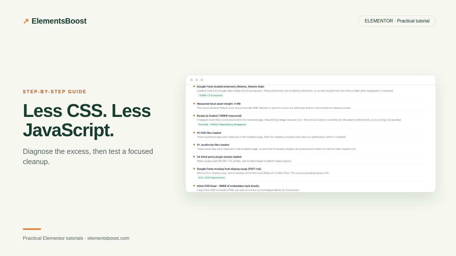 ElementsBoost scan findings for CSS, JavaScript and third-party assets.