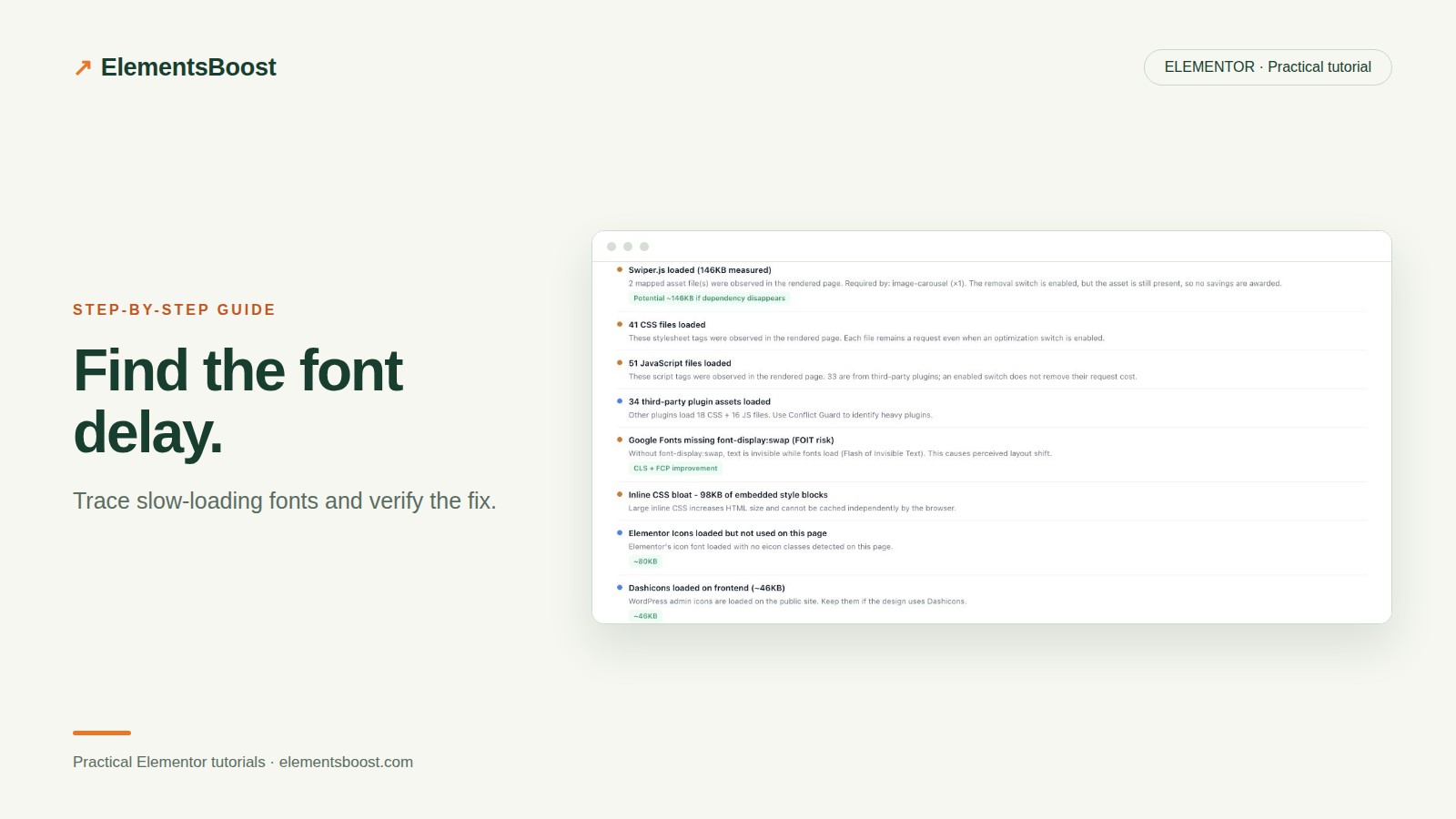 ElementsBoost scan findings for missing font-display and unused icons.