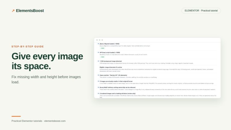 ElementsBoost scan showing eligible image dimension fixes and lazy-loading findings.