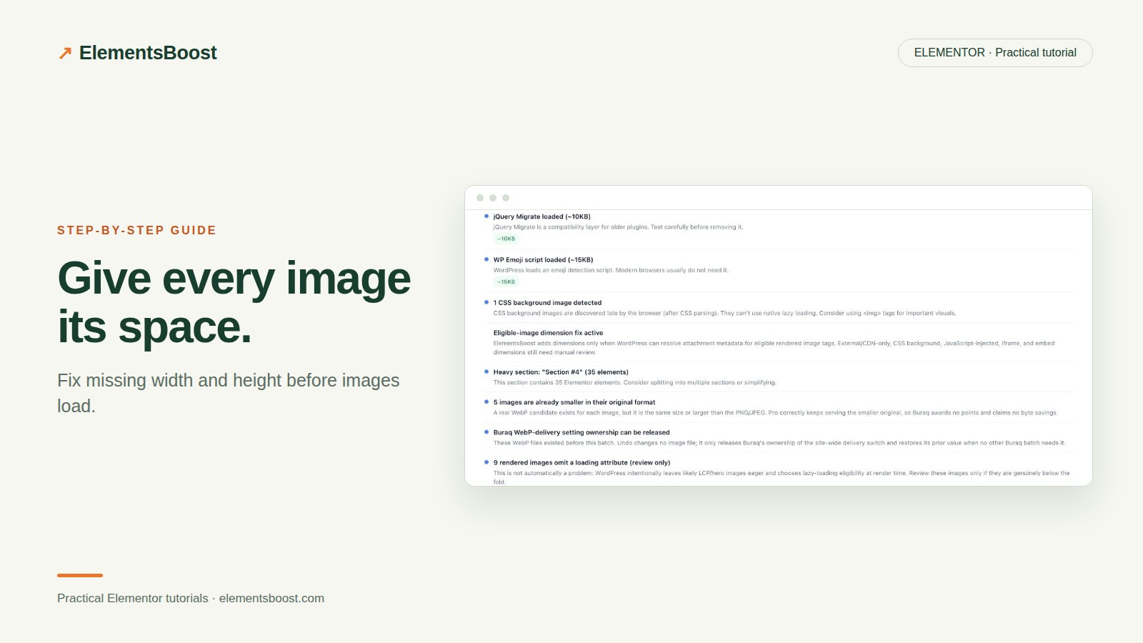 ElementsBoost scan showing eligible image dimension fixes and lazy-loading findings.