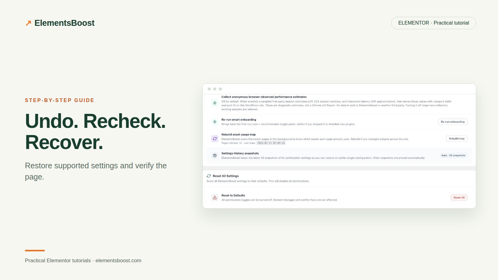 ElementsBoost Settings History snapshots and recovery controls.