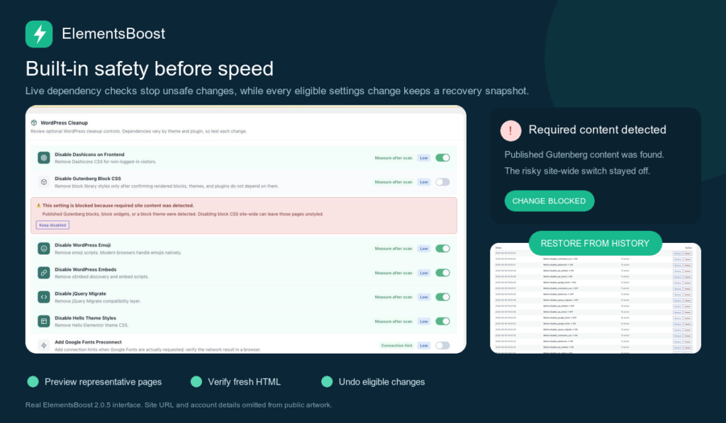 ElementsBoost Test Mode, Auto-Revert and Settings History: Safe Use 2 Safety and restoration controls provide specific protections; they do not replace functional testing.