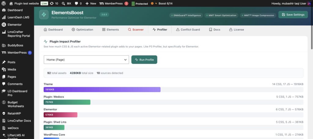 ElementsBoost Plugin Impact Profiler diagnosing Elementor add-on asset bloat