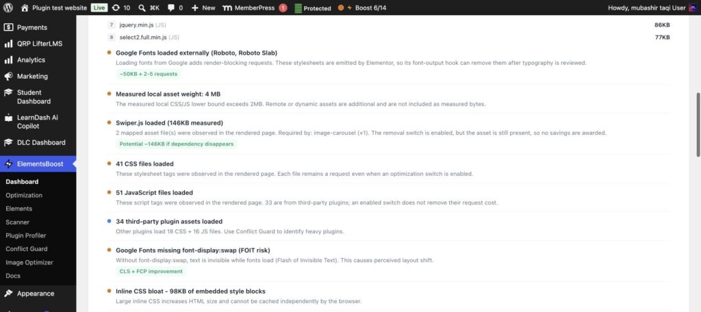 How to Reduce Excess CSS and JavaScript in Elementor 2 ElementsBoost scan finding for excess Elementor CSS and JavaScript