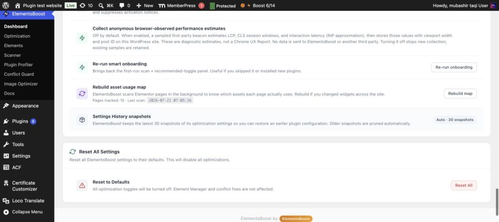 ElementsBoost Settings History used to undo an Elementor optimization