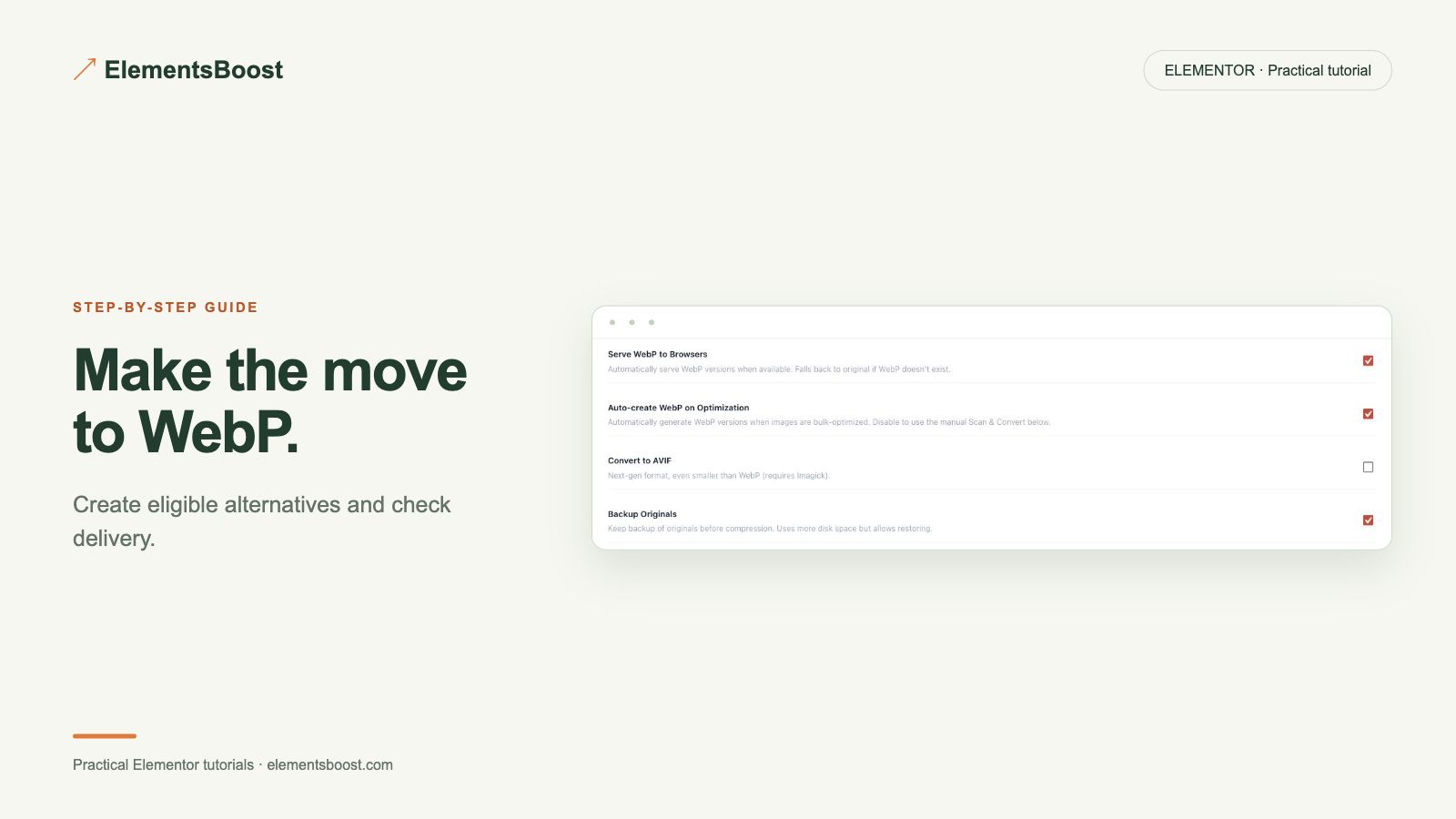 Make the move to WebP. ElementsBoost create and serve modern formats.