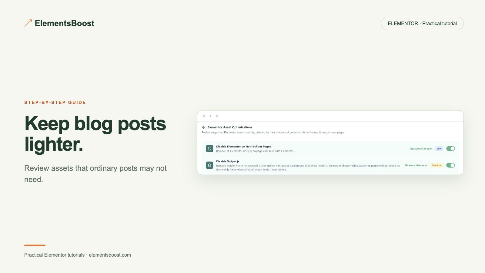 Keep blog posts lighter. ElementsBoost control assets on non-Elementor pages.