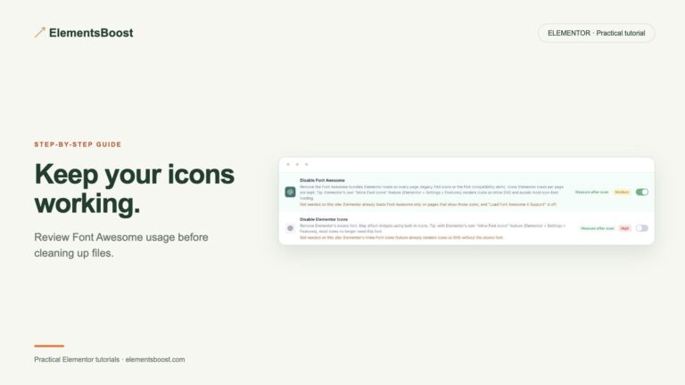 Keep your icons working. ElementsBoost keep required icon libraries.