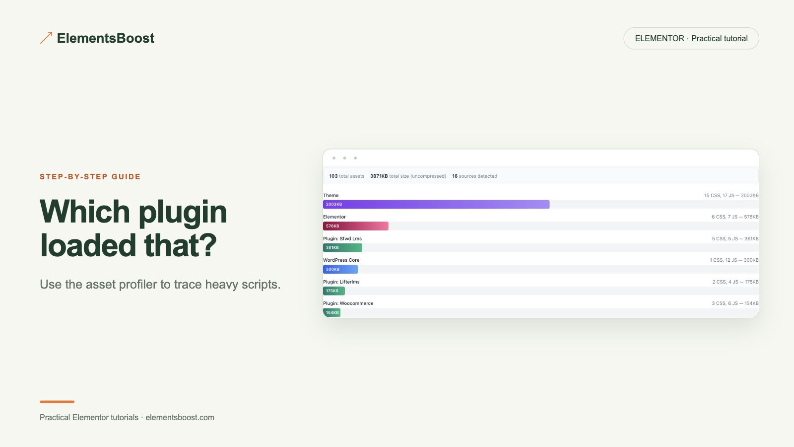 Which plugin loaded that? ElementsBoost real profile · local test page.