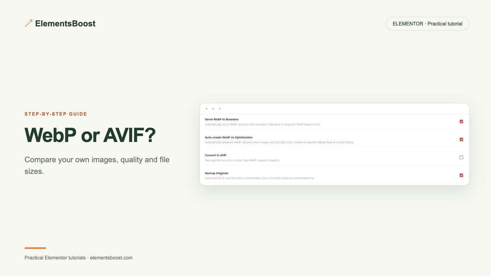 WebP or AVIF? ElementsBoost check server format support.