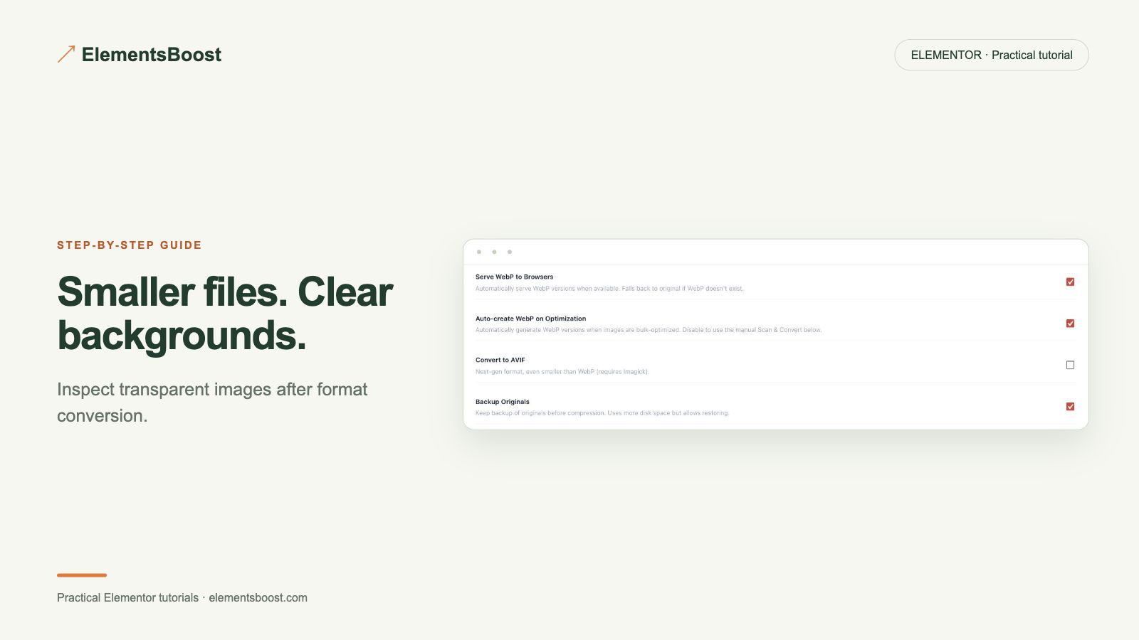 Smaller files. Clear backgrounds. ElementsBoost review format and backup settings.