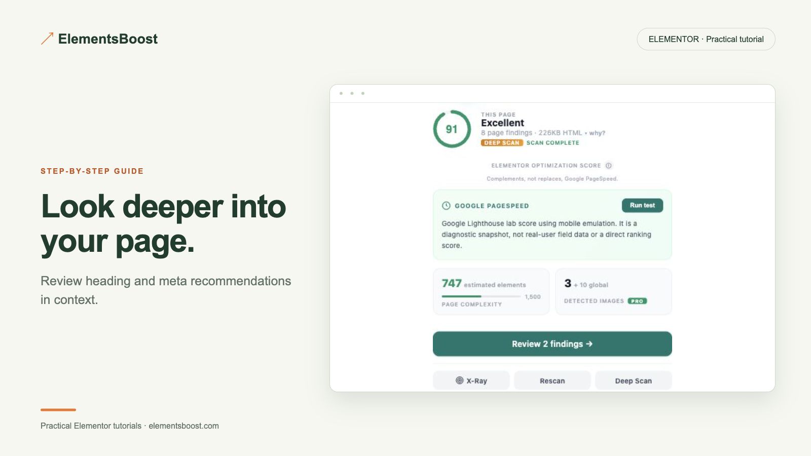 Look deeper into your page. ElementsBoost real Deep Scan · local test page.